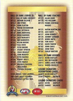 2007 Select AFL Supreme - Hall of Fame Series 3 #HF151 Checklist Back